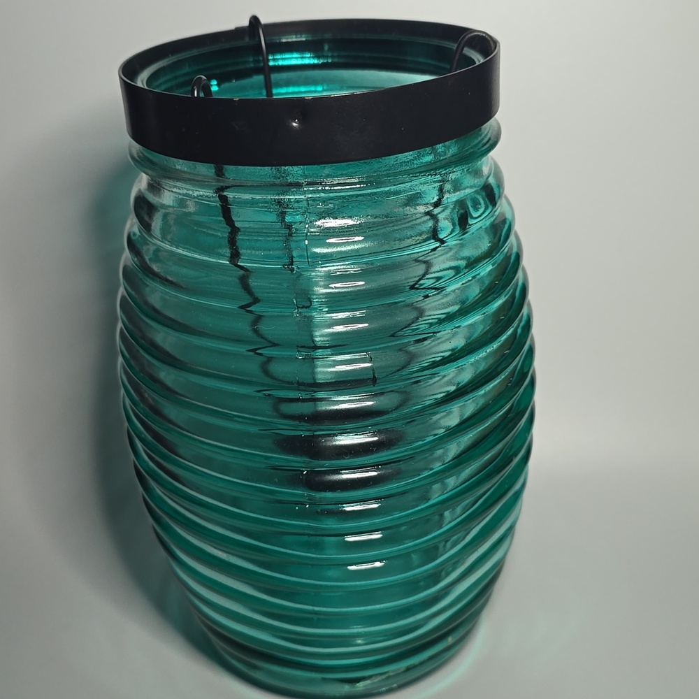 Hobby Lobby Ribbed Glass Candle Holder. Teal - Picture 1 of 4